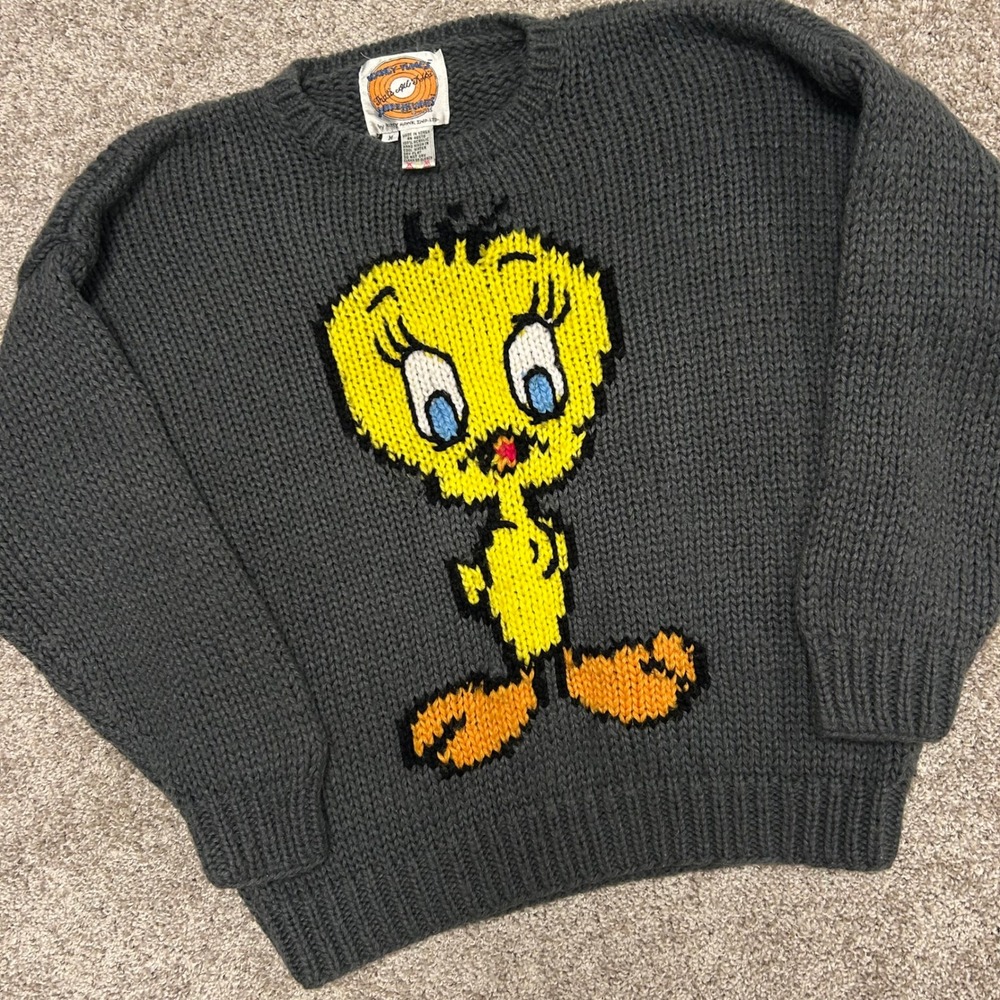 Vintage Looney Tunes Kitty Hawk Tweety Bird Sweater Men Medium 80s Gray Rare
